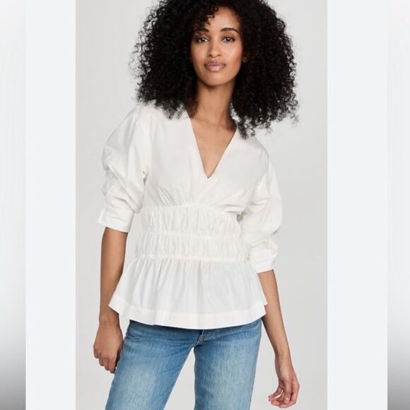 NEW Jonathan Simkhai Yuni Cotton Poplin Ruched Blouse White Size 8 - Picture 12 of 13